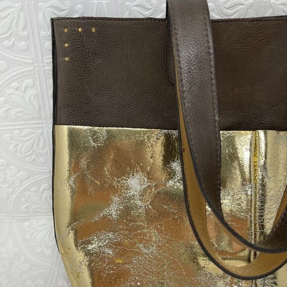 Calleen Cordero Brown Gold Metallic Genuine Leather Large Tote Bag - Picture 3 of 11